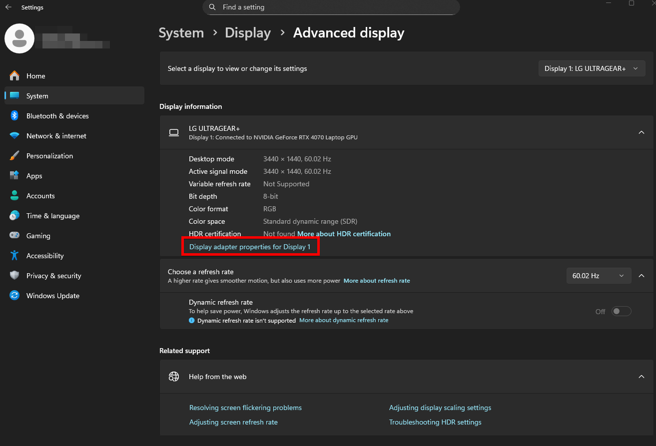 Screenshot of Windows Advanced Display settings